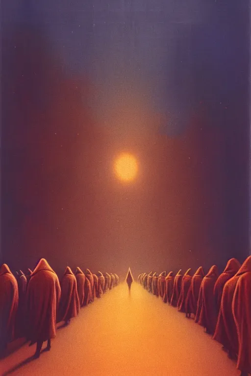 Image similar to emissary a line of people in hooded outfits holding lights walking into a large city on the planet dathomir by arthur haas and bruce pennington and john schoenherr, cinematic matte painting, 8 k, dark color palate