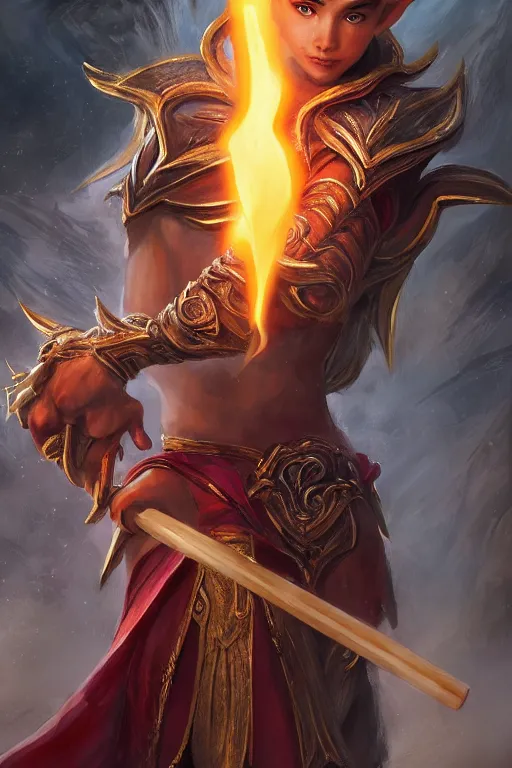 Image similar to a masterpiece portrait of nezha, young elf prince holding spear, flame everywhere, epic pose, fantasy character portrait, closeup shot, hyper detailed, digital painting, 8 k realistic, trending on artstation, sharp focus, dof, by fenghua zhong, artgerm, ne zha from smite, jeff easley, raymond swanland