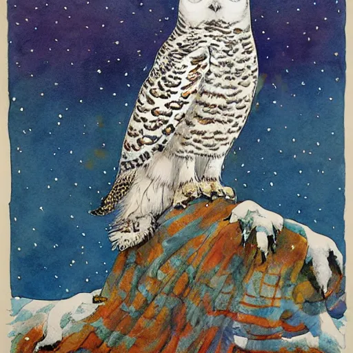 Image similar to snowy owl dancing with a snow leopard, Louis William Wain watercolor,