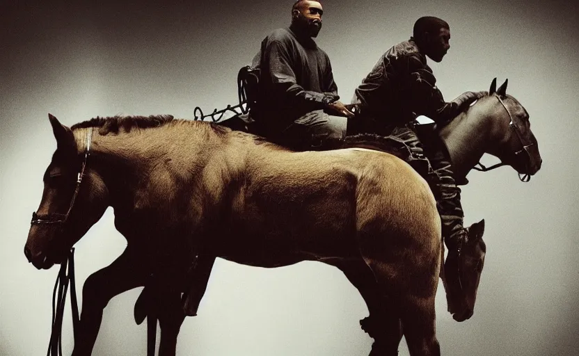 Image similar to found footage of kanye west riding a horse to heaven, in liminal space, cyberpunk, film grain, dark lighting, realistic, photgraph, silent hill style, detailed cinematic lighting