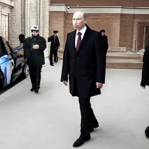 Prompt: putin wearing a black leather hat, cinematic style, front view, cool looking