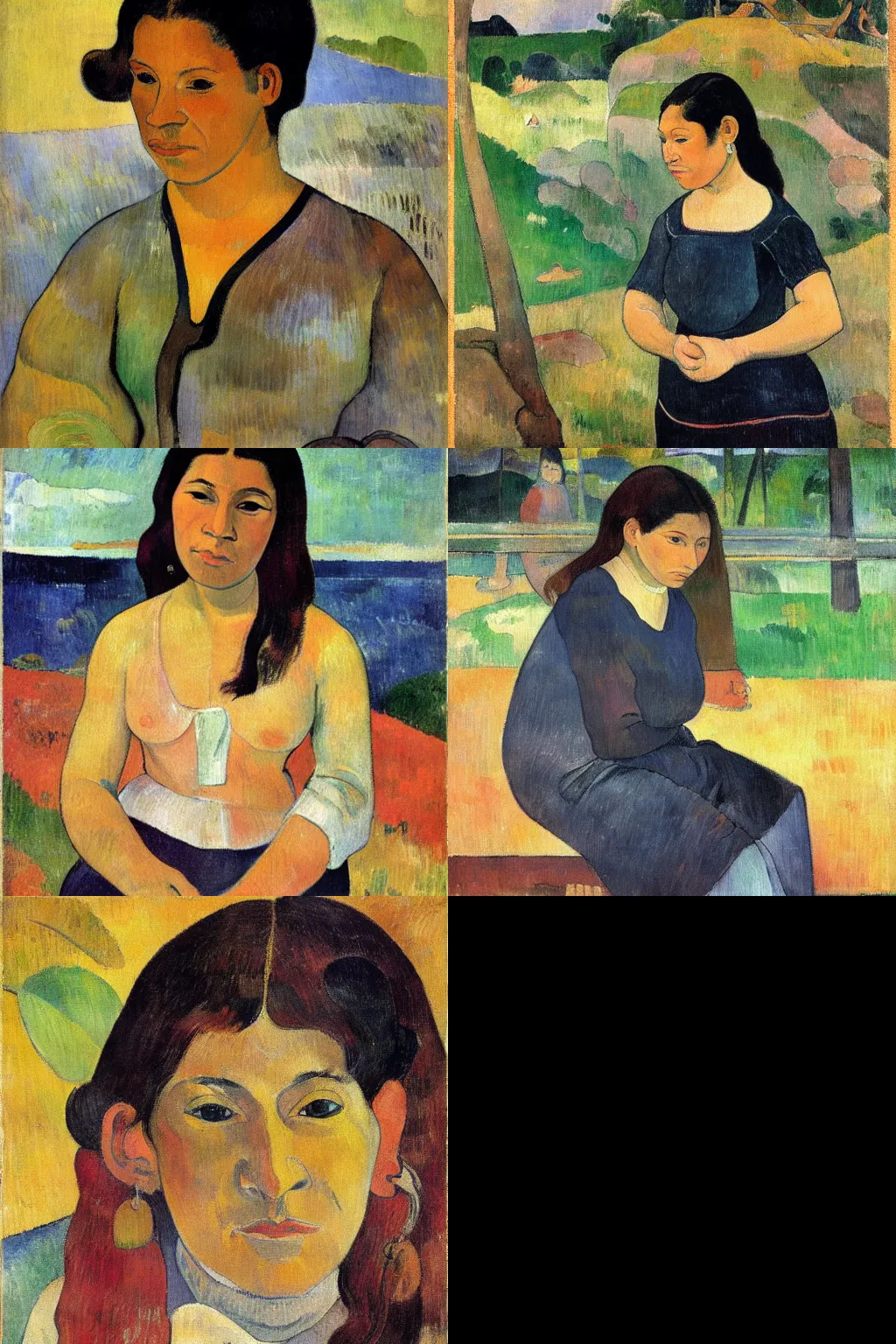 Prompt: an hd painting of a woman by paul gauguin. she has straight long dark brown hair, parted in the middle. she has large dark brown eyes, a small refined nose, and thin lips. she is wearing a sleeveless white blouse, a pair of dark brown capris, and black loafers.