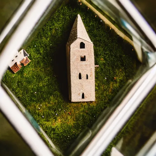 Image similar to aerial photo of castle in a terrarium, sigma 5 0 mm f 1. 4, cinematic macro photography