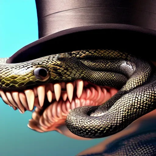 Image similar to giant snake wearing a top hat, photo, detailed, 4k