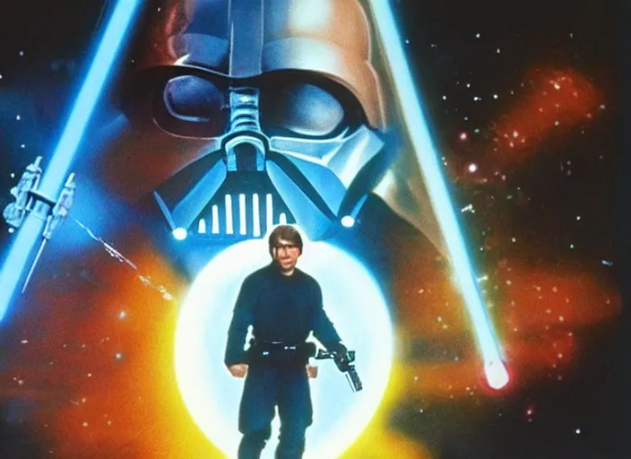 Image similar to screenshot from the lost star wars film, blue transparent hologram of Luke Skywalker, iconic scene from the lost Star Wars film, Remnants Of the Empire, 1990 directed by Stanely Kubrick, moody cinematography, with anamorphic lenses, crisp, detailed, 4k