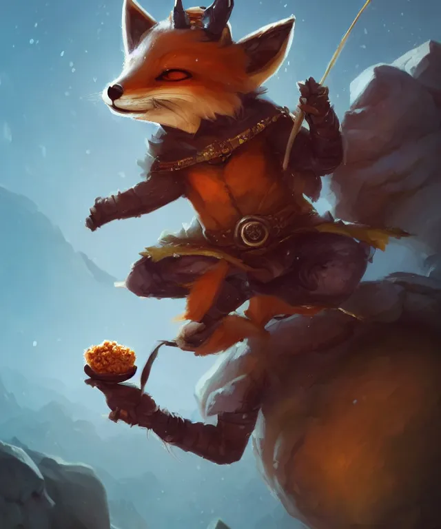 Image similar to a portrait of an anthropomorphic ninja fox eating a rice ball, ninja outfit, landscape background, cute and adorable, dnd character art portrait, well rendered matte fantasy painting, deviantart artstation, by jason felix by steve argyle by tyler jacobson by peter mohrbacher, cinematic lighting