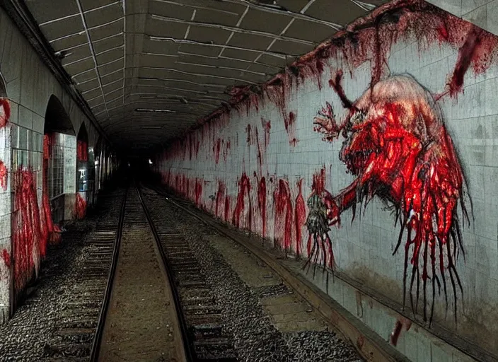 Prompt: very large giant mutant zombie irradiated ( angry rat ) staying on railways in tonnel of moscow subway. extreme high detail, very realistic. extreme long shot, low dark light, scary mood. hermann nitsch.