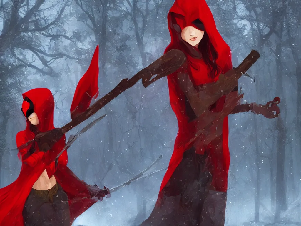 Image similar to a girl in a red hood with a twohanded axe in mysty deep mystical forest, style by victor hugo queiroz