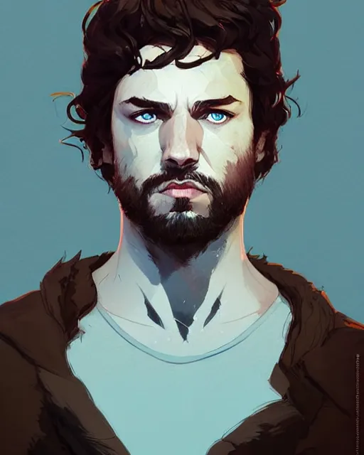 Image similar to portrait of raven male lord from game of thrones with dark hair and golden eyes, by atey ghailan, by greg rutkowski, by greg tocchini, by james gilleard, by joe fenton, by kaethe butcher, dynamic lighting, gradient light blue, brown, blonde cream and white color scheme, grunge aesthetic