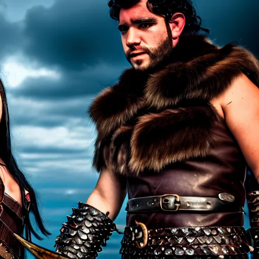 Image similar to a male DND barbarian wearing leather armor and fur holding a small blue-skinned Triton girl with black hair, high resolution film still, 4k, HDR colors