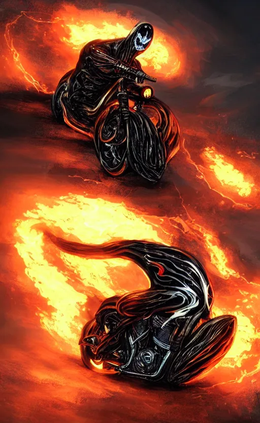 Image similar to venom as ghost rider on a motorcycle, dynamic lighting, photorealistic fantasy concept art, trending on art station, stunning visuals, terrifying, creative, cinematic