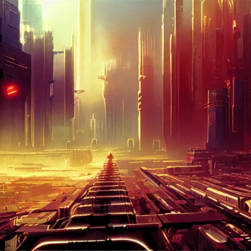 Image similar to futuristic cyberpunk city panorama, daylight, blue sky, cinematic lighting, blue sky, syd mead, john harris