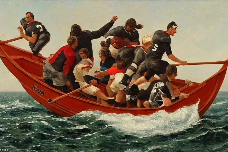 Image similar to a rowboat filled with nfl players in pads and helmets, one has a harpoon, they are chasing a whale, american oil painting