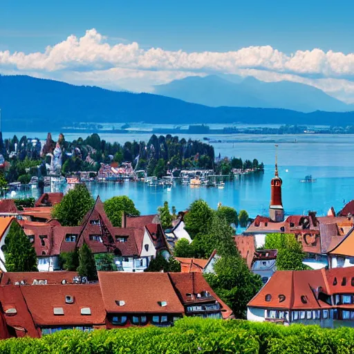 Prompt: lindau, lake of constance, germany, summer time, mountain view