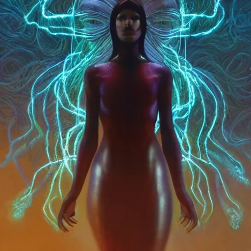 Image similar to Wanda Maximoff, dynamic pose, glowing, wires everywhere, by Edgar Maxence and Ross Tran, Zdzisław Beksiński, and Michael Whelan, distant, gustav dore, H.R. Giger, 8k, octane render