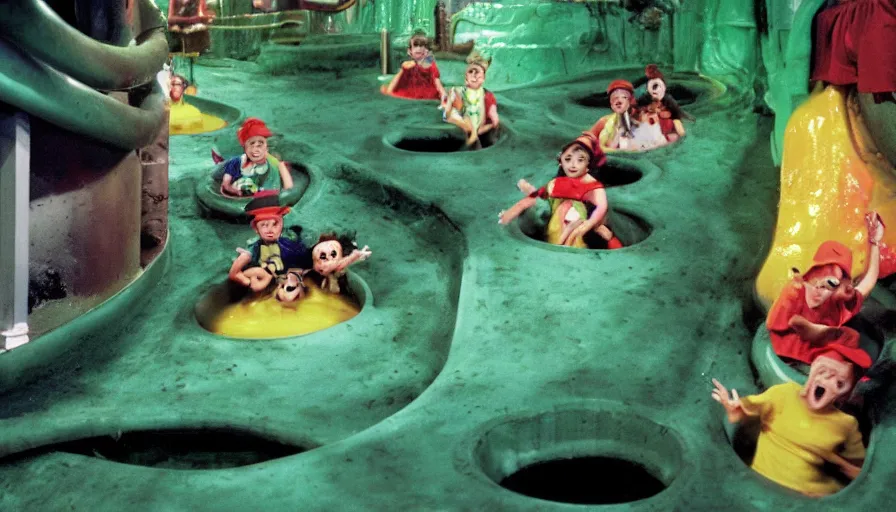 Image similar to 1990s photo of inside the Wacky Mouse Trap Slime Pit ride at Universal Studios in Orlando, Florida, children riding through scary sewer filled with rat monsters and slime, cinematic, UHD