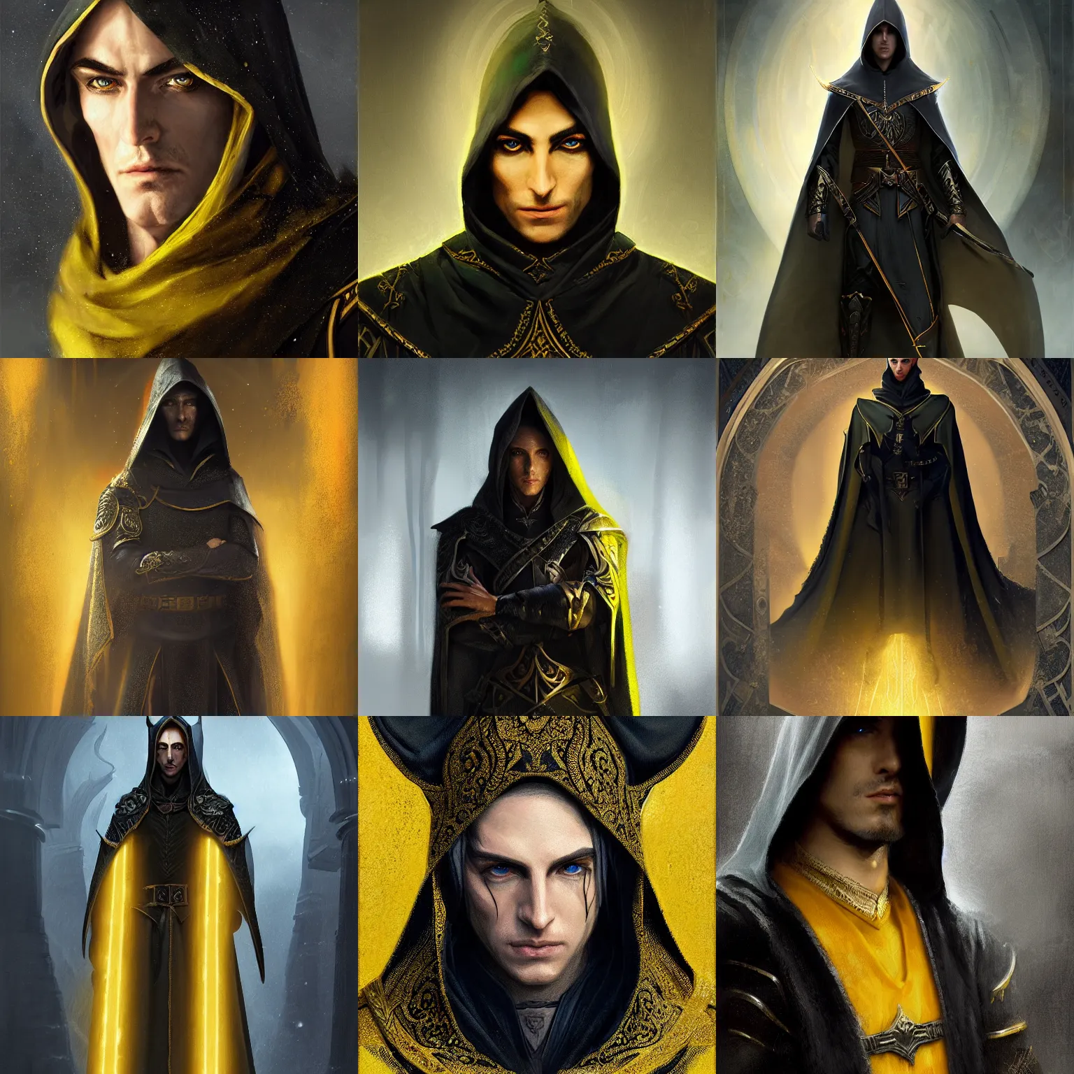 Prompt: portrait of a mysterious and cunning male high elf inquisitorial agent wearing a black hooded agent's cloak with yellow religious filigree, by Raymond Swanland Greg Rutkowski Lise Deharm, intricate, masterpiece, sharp, digital art, full head, ArtStation, CGStation, 8k