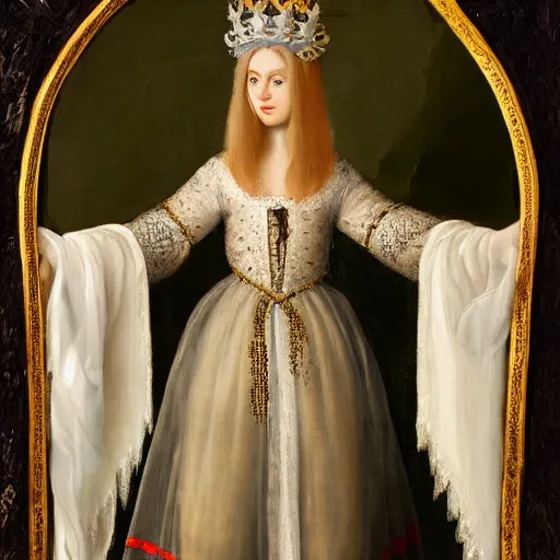 Prompt: renaissance oil painting of anthropomorphic beautiful white wolf with long flowing fur dressed in robe with lace collar and crown with jewels and flowers, detailed, 4 k