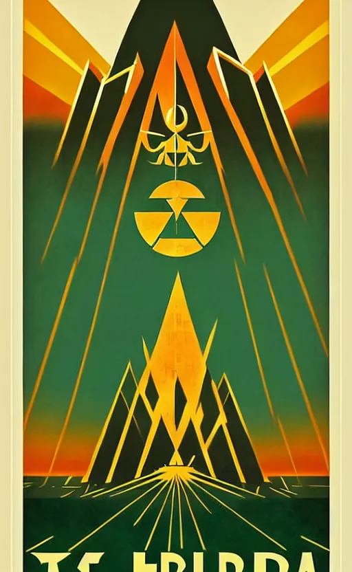 Image similar to art deco travel poster. hyrule field legend of zelda ocarina of time