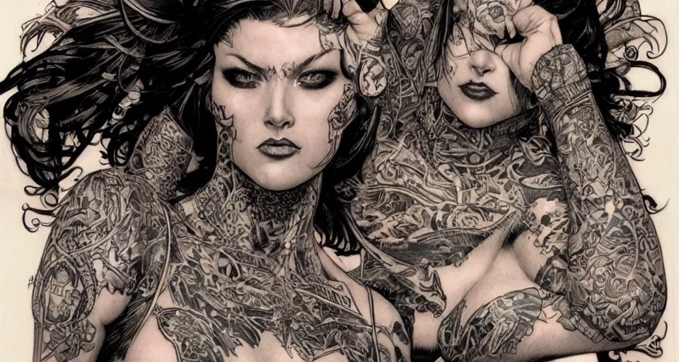 Image similar to a beautiful portrait of a woman with many tattoos, in ornate armor, Travis Charest style