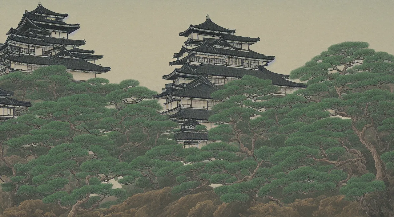 Image similar to a landscape painting of a Japanese castle