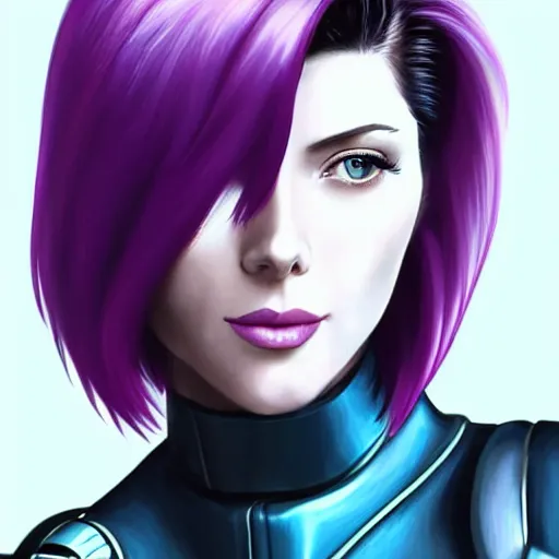 Prompt: A combination of Grace Kelly's and Katheryn Winnick's and Ashley Greene's faces with short violet hair as Motoko Kusanagi from Ghost in The Shell, cyberpunk style, synthwave aesthetic, fantasy, intricate, elegant, highly detailed, digital painting, artstation, concept art, matte, sharp focus, illustration, half body portrait, anime style, art by Artgerm and Greg Rutkowski and Alphonse Mucha