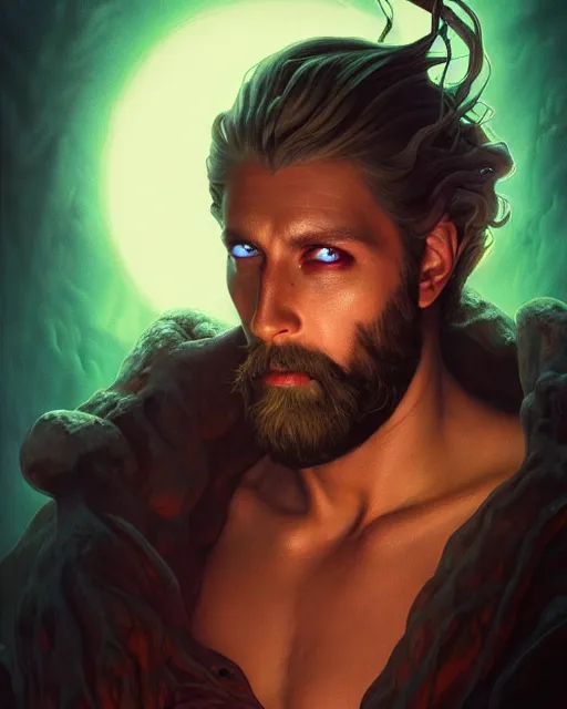 Prompt: epic fantasy render portrait of a despairing bioluminescent man with a beard with glowing eyes, dark retrowave, highly detailed, digital painting, cinematic, hyperrealism, rpg portrait, dynamic lighting, art by boris vallejo and julie bell and magali villeneuve and alphonse mucha, artstation, octane render, cgsociety