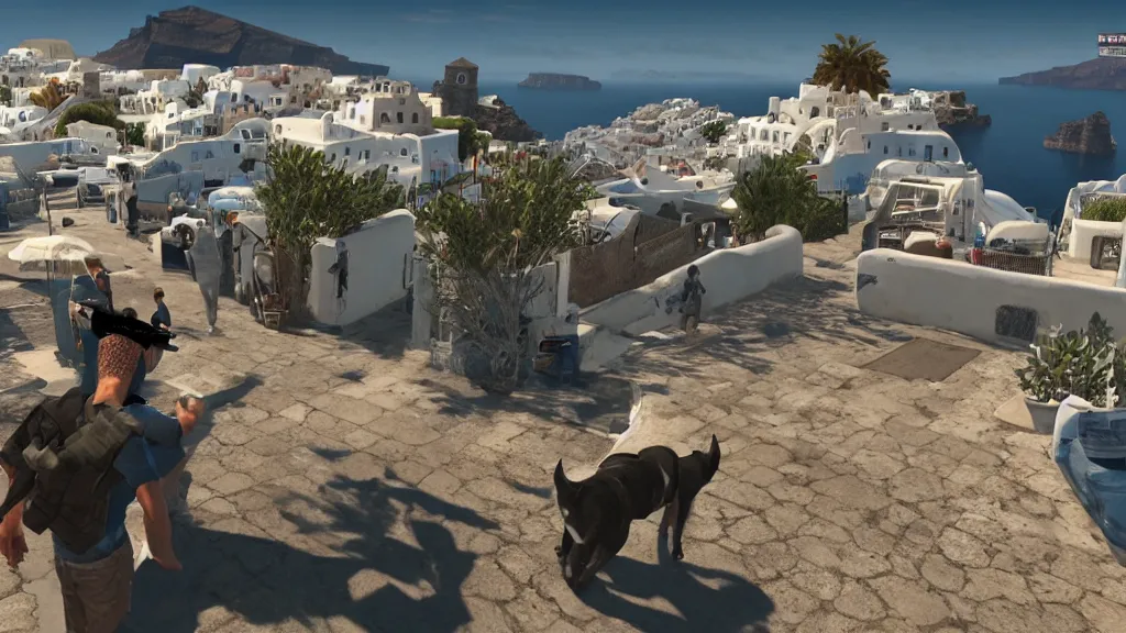 Image similar to Screenshot from Watchdogs in Santorini