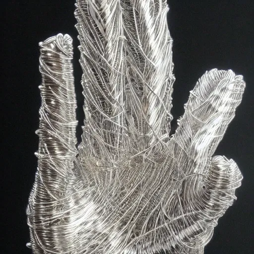 Image similar to realistic silver metal detailed wire sculpture of a human hand, intricate