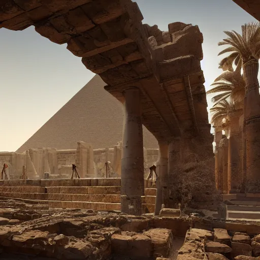 Image similar to Ancient Egyptian ruins surrounded by a giant snake skeleton, hyperdetailed, artstation, cgsociety, 8k