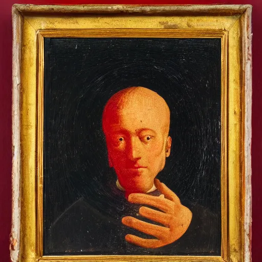 Prompt: a portrait of man with hand growing from his head, holding a red crystal