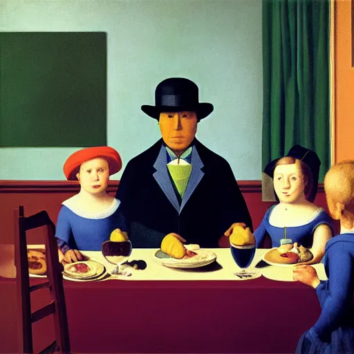 Image similar to A brillaint rendition of a family supper by Raphael, Hopper, and Rene Magritte. detailed, romantic, enchanting, trending on artstation.