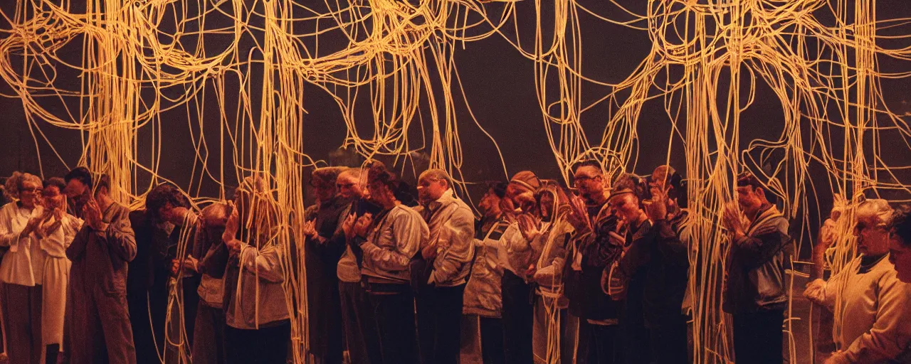 Image similar to a group of people praying to a giant spaghetti deity, canon 5 0 mm, cinematic lighting, photography, retro, film, kodachrome