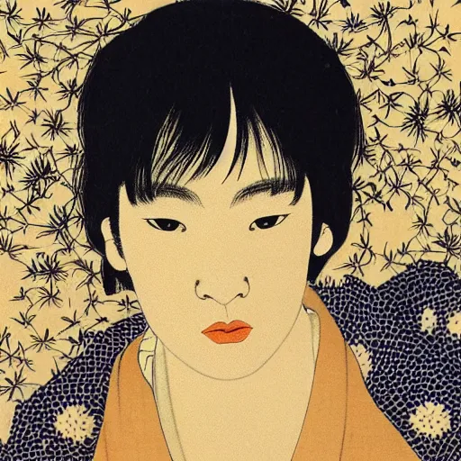 Prompt: “ charley matthew portrait by ikenaga yasunari and ayana otake and ko rakusui, 6 0 s poster, drawing, realistic, sharp focus, japanese, dreamy, nostalgia, faded, golden hues, floral clothes ”