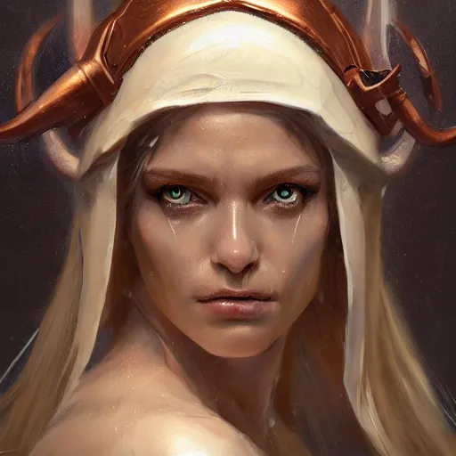 Prompt: A head-on, symmetrical detailed oil portrait of an elf woman with small horns of copper wearing a simple white robe, by greg rutkowski, trending on artstation, dungeon and dragons art