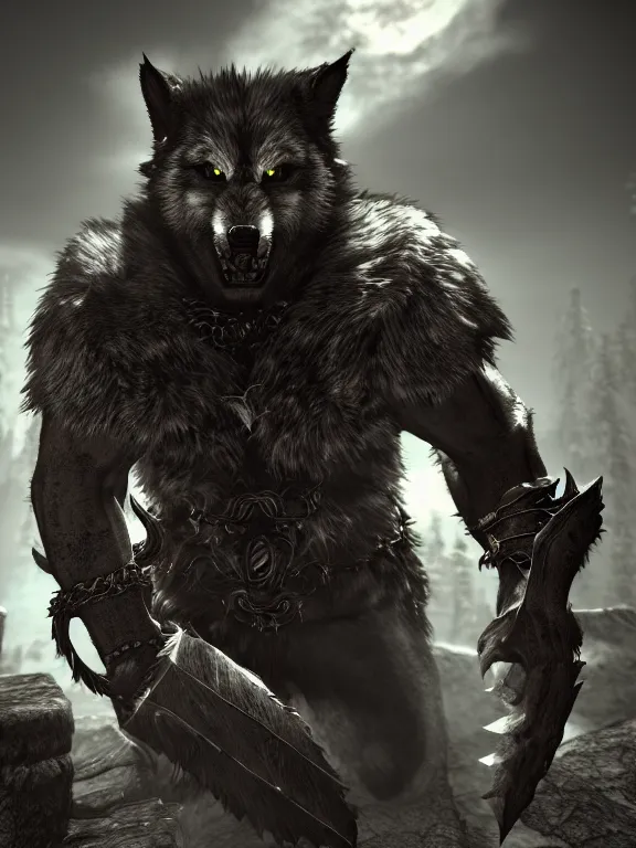 Image similar to cute handsome cuddly burly surly werewolf from van helsing unreal engine hyperreallistic render 8k character concept art masterpiece screenshot from the video game the Elder Scrolls V: Skyrim