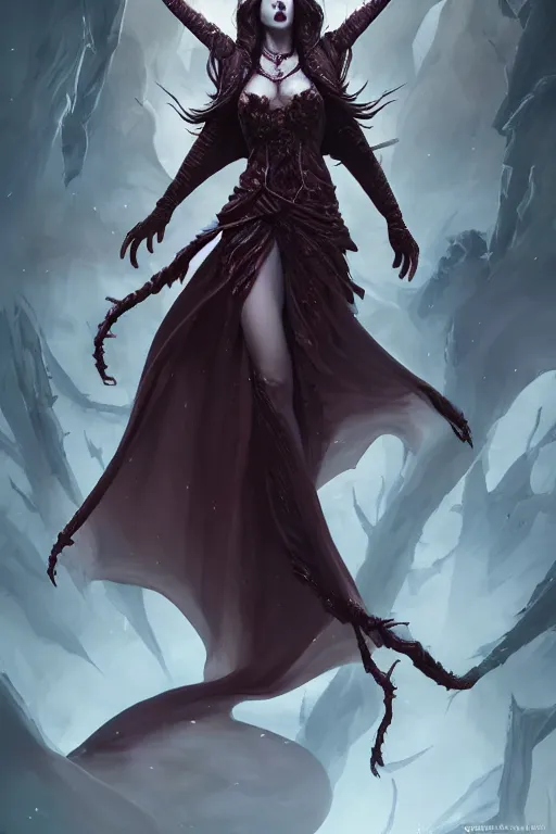 Prompt: beautiful vampire female queen, full body shot, ascending form the sky, hands reaching for her, wide angle shot, aerial view, lost souls, horror, d & d, fantasy, intricate, elegant, highly detailed, digital painting, artstation, concept art, matte, sharp focus, illustration, hearthstone, art by artgerm and greg rutkowski and alphonse mucha