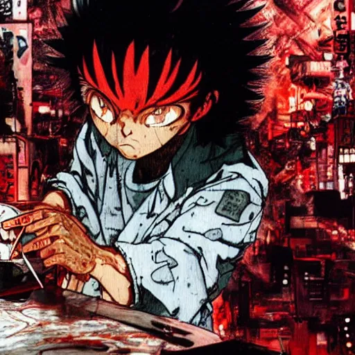 Prompt: tetsuo from akira painting graffiti in a subway train in neo tokyo, post apocalyptic scene, katsuhiro otomo, high detail, 4 k