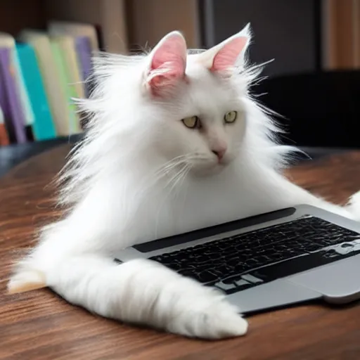 Prompt: long haired white cat creating a website on a laptop