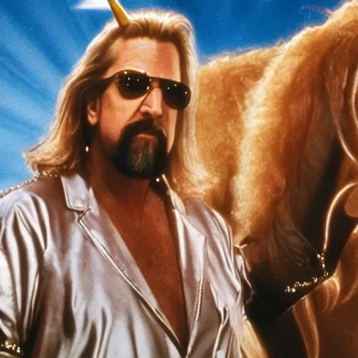 Image similar to big lebowski as a unicorn, cinematic lighting, award winning photography