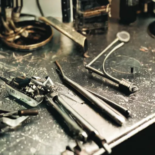 Image similar to A close-up shot of a metal table with laboratory tools and materials in an abandoned biopunk laboratory,