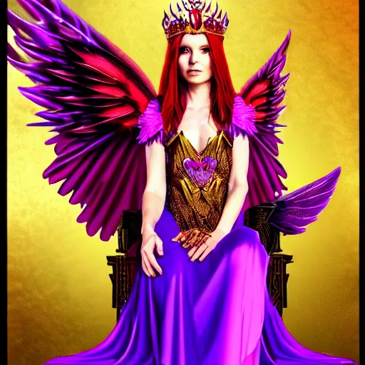 Image similar to Princess sorceress with red flaming bird wings on her back and sitting on an ornate throne dressed in a fancy purple dress, beautiful realistic face, Fantasy, Full Portrait, High detail, realistic, planeswalker