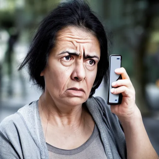 Image similar to astonished and angry middle aged lady looking at smartphone, unsure expression, greek ethnicity, thin face structure, uncombed straight grey black hair, angry eyes, photo, realistic, outdoor lighting, 4 k, 8 k, hd, 3 9 mm lens
