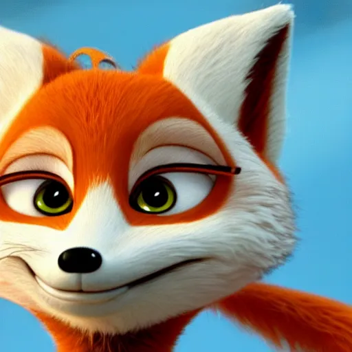 Image similar to anthropomorphic female fox with short white fur covering her body in the style of zootopia