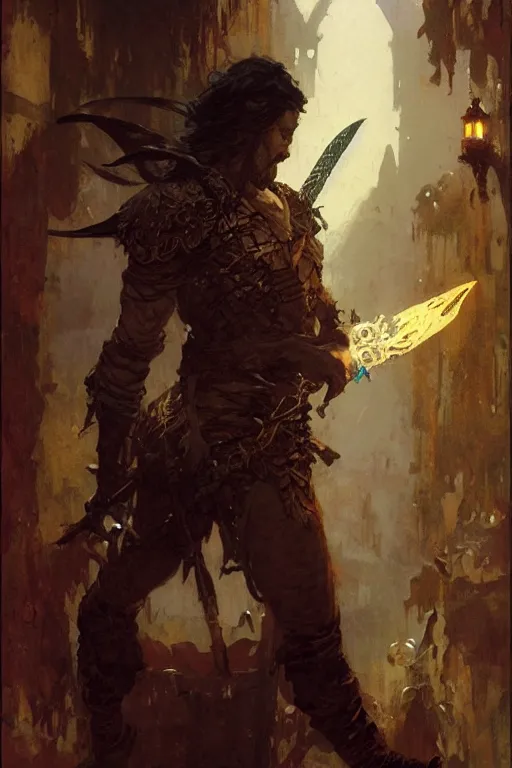 Image similar to skulking rogue with magical daggers portrait dnd, painting by gaston bussiere, craig mullins, greg rutkowski, yoji shinkawa