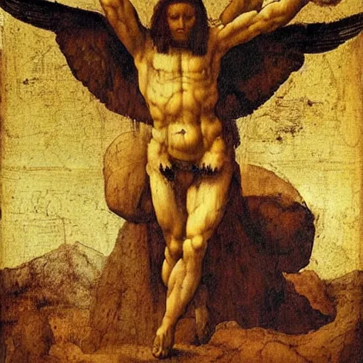 Prompt: oil painting by leonardo da vinci of lucifer the fallen angel
