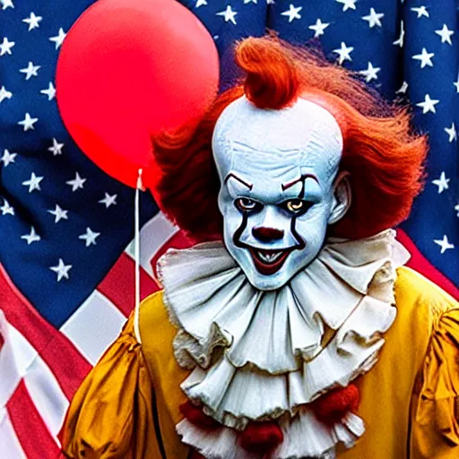 Prompt: Pennywise the clown (2017) giving an official speech as president of the USA in front of the USA flag, 4K realistic award-winning