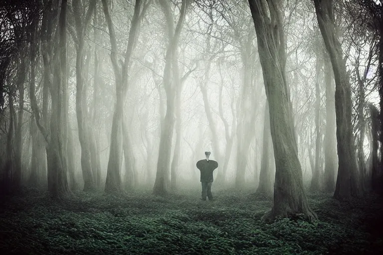 Prompt: “Photo by Robert ParkeHarrison. Old man in a surreal dying garden of flying trees. The sky is torn and light shines through it.”