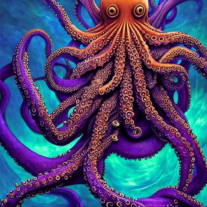 Image similar to depicting an octopus wrapping its tentacles around an ocean liner, in the style of h. p. lovecraft, exuberant organic elegant forms, by karol bak and filip hodas : : 1. 4 purple, red, blue, green, black intricate mandala explosions : : intuit art : : turbulent water backdrop : : damask wallpaper : : atmospheric