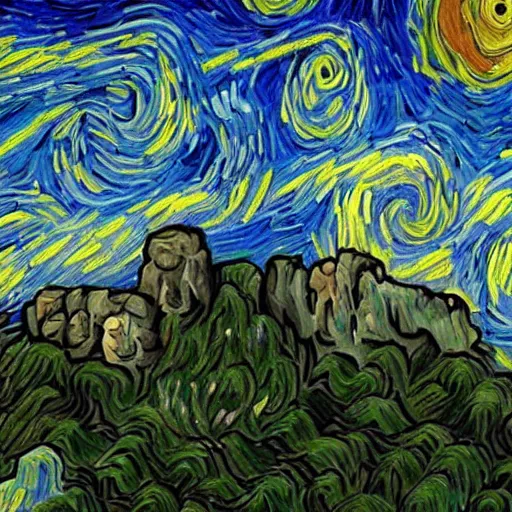 Image similar to mount rushmore, styled like van gogh starry night